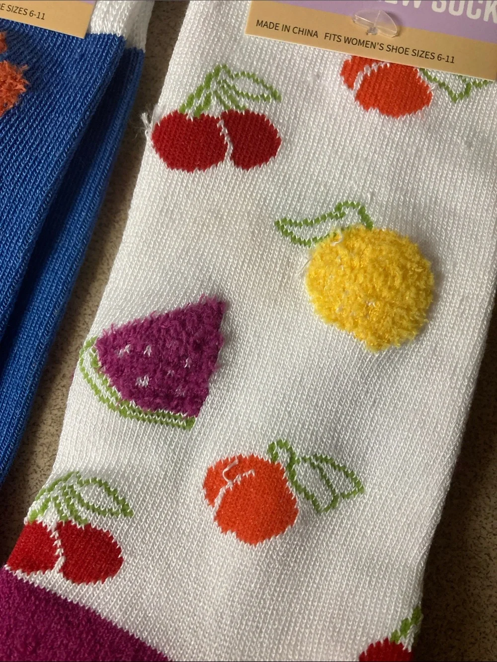 Muk Luks Two-Pack Cozy Crew Socks - Blue Floral & White Fruit
